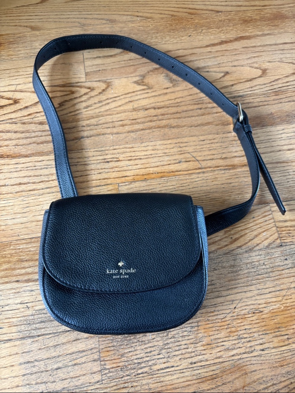 kate spade Black Pebbled Leather Belt Saddle Bag with Gold Logo